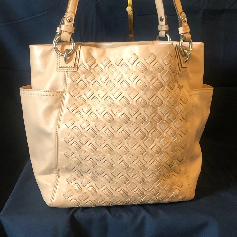 Coach woven leather tote bag EUC 12” x 12” palest pink tan color Rare